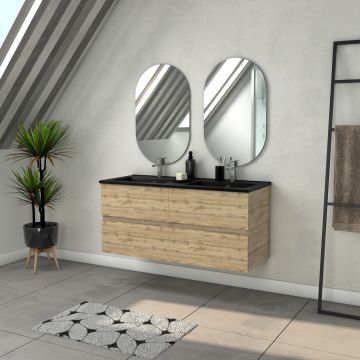 Meuble salle de bains 120cm 4 tiroirs chêne industriel + vasque noire et miroirs ovales Aurlane - PACM311