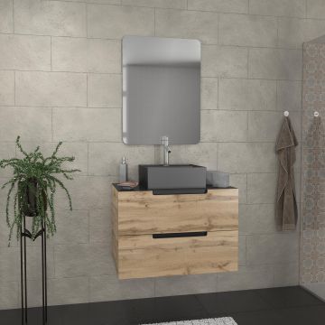 Meuble salle de bains 80 cm 2 tiroirs - chêne et noir - vasque carrée - miroir 60x80 - omega Aurlane - PACM376