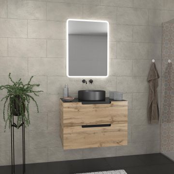 Meuble salle de bains 80 cm 2 tiroirs - chêne et noir - vasque ronde - miroir led - omega Aurlane - PACM438