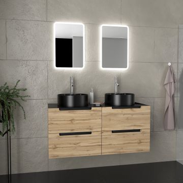 Meuble salle de bains 120cm chêne et noir, vasques rondes ø41cm et miroirs led 40x60 - omega Aurlane - PACM459