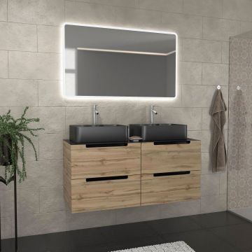 Meuble salle de bains 120cm chêne et noir, vasques rectangulaires et miroir led 120x70 - omega Aurlane - PACM485