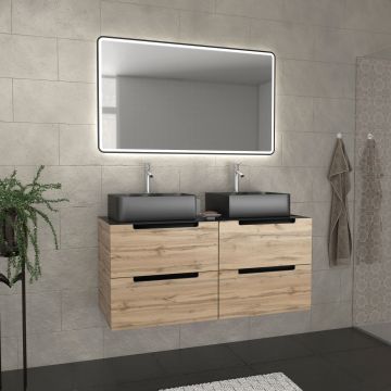 Meuble salle de bains 120cm chêne et noir, vasques rectangulaires et miroir black led 120x70 - omega Aurlane - PACM502
