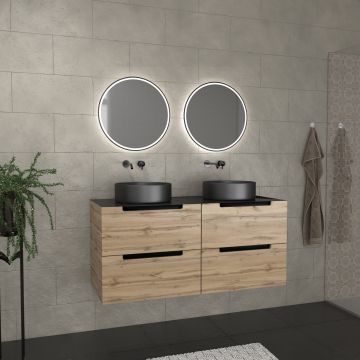 Meuble salle de bains 120cm chêne et noir, vasques rondes ø36cm et miroirs black led ø50cm - omega Aurlane - PACM588