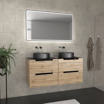 Meuble salle de bains 120cm chêne et noir, vasques rondes ø36cm et miroir black led 120x70 - omega Aurlane - PACM594