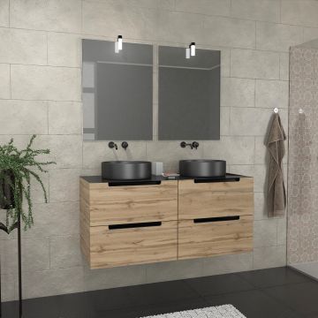 Meuble salle de bains 120cm chêne et noir, vasques rondes ø36 & miroirs avec appliques 55x75 - omega Aurlane - PACM599