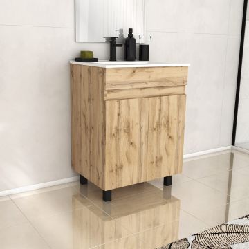 Meuble de salle de bains 60cm 2 Portes_Chêne Naturel + Vasque céramique blanche - TIMBER 60 Aurlane - PACM600