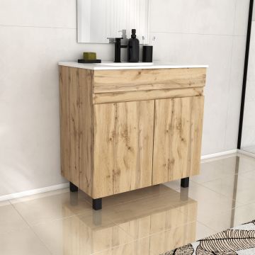 Meuble de salle de bains 80cm 2 Portes_Chêne Naturel + Vasque céramique blanche - TIMBER 80 Aurlane - PACM601