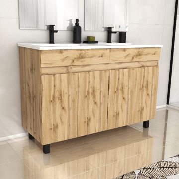 Meuble de salle de bains 120cm 4 portes_chêne industriel + vasque céramique blanche - timber 120 Aurlane - PACM602