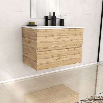 Meuble de salle de bains 80cm 2 tiroirs_chêne industriel + vasque céramique blanche - timber 80 Aurlane - PACM604