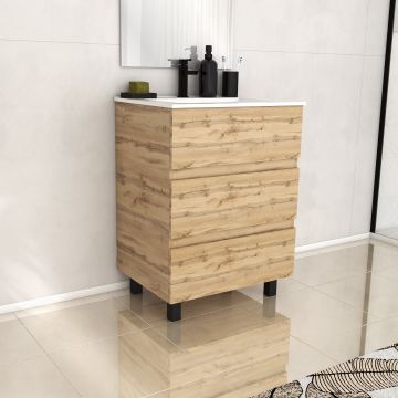 Meuble de salle de bains 60cm 3 tiroirs_chêne industriel + vasque céramique blanche - timber 60 Aurlane - PACM606