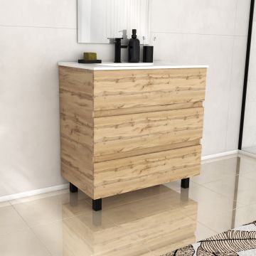Meuble de salle de bains 80cm 3 tiroirs_chêne industriel + vasque céramique blanche - timber 80 Aurlane - PACM607