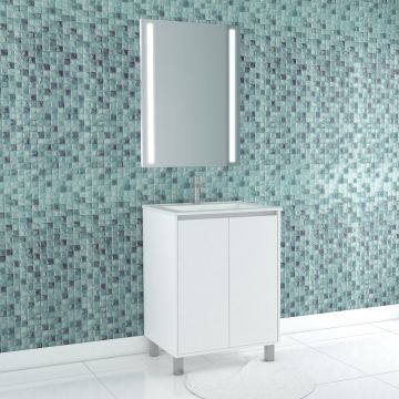 Pack meuble salle de bains 60cm blanc 2 portes, vasque, miroir 60x80 à leds intégrées - xenos Aurlane - PACM610