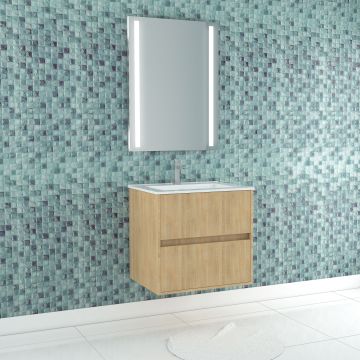 Pack meuble salle de bains 60cm chêne clair 2 tiroirs, vasque, miroir 60x80 à leds intégrées - xenos Aurlane - PACM616