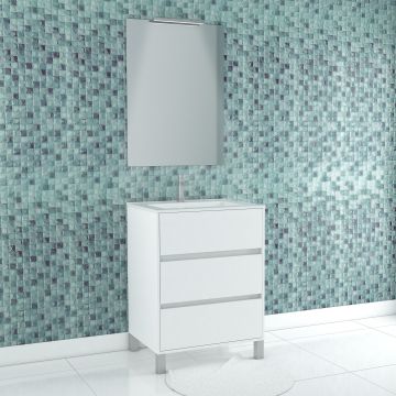 Pack meuble salle de bains 60cm blanc 3 tiroirs, vasque, miroir 60x80 et réglette led - xenos Aurlane - PACM617