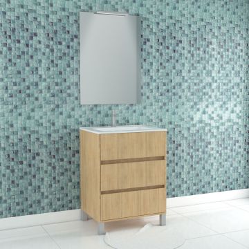 Pack meuble salle de bains 60cm chêne clair 3 tiroirs, vasque, miroir 60x80 et réglette led - xenos Aurlane - PACM619