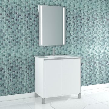 Pack meuble salle de bains 80cm blanc 2 portes vasque miroir 60x80 à leds intégrées - XENOS Aurlane - PACM622