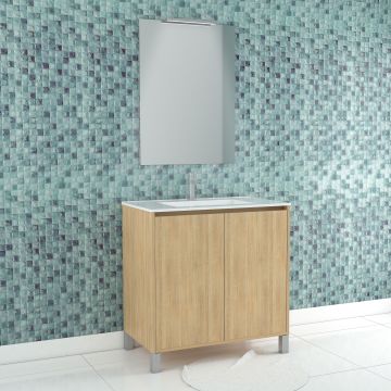 Pack meuble salle de bains 80cm chêne clair 2 portes, vasque, miroir 60x80 et réglette led - xenos Aurlane - PACM623