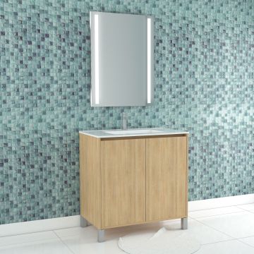 Pack meuble salle de bains 80cm chêne clair 2 portes, vasque, miroir 60x80 à leds intégrées - xenos Aurlane - PACM624