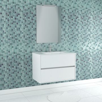 Pack meuble salle de bains 80cm blanc 2 tiroirs, vasque, miroir 60x80 et réglette led - xenos Aurlane - PACM625