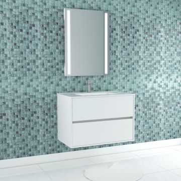 Pack meuble salle de bains 80cm blanc 2 tiroirs, vasque, miroir 60x80 à leds intégrées - xenos Aurlane - PACM626