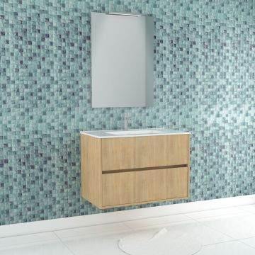 Pack meuble salle de bains 80cm chêne clair 2 tiroirs, vasque, miroir 60x80 et réglette led - xenos Aurlane - PACM627