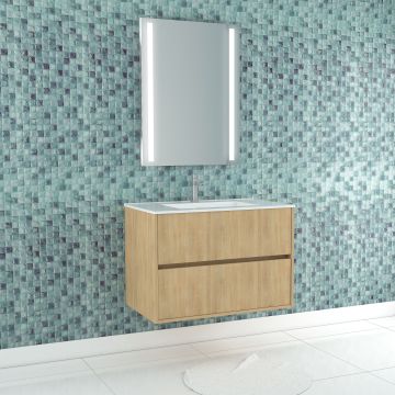 Pack meuble salle de bains 80cm chêne clair 2 tiroirs, vasque, miroir 60x80 à leds intégrées - xenos Aurlane - PACM628