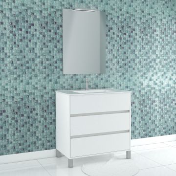 Pack meuble salle de bains 80cm blanc 3 tiroirs, vasque, miroir 60x80 et réglette led - xenos Aurlane - PACM629
