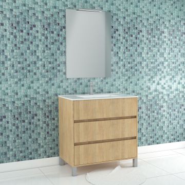 Pack meuble salle de bains 80cm chêne clair 3 tiroirs, vasque, miroir 60x80 et réglette led - xenos Aurlane - PACM631