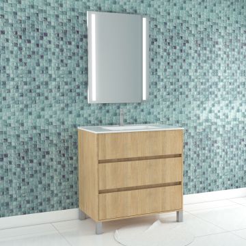 Pack meuble salle de bains 80cm chêne clair 3 tiroirs, vasque, miroir 60x80 à leds intégrées - xenos Aurlane - PACM632