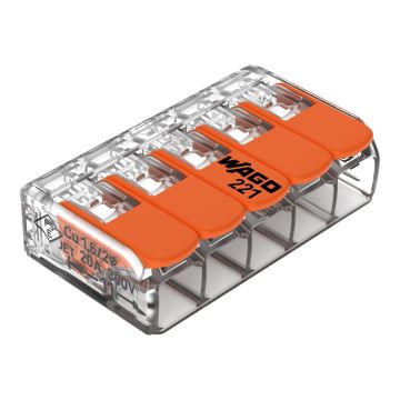 Borne de raccordement WAGO 221 Mini 5x4mm² à leviers souple & rigide - WAGO - 25 pcs - 221-415