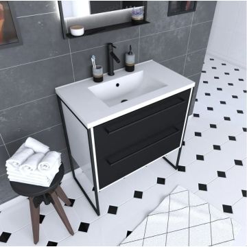 Meuble de salle de bain 80x50cm Blanc - 2 tiroirs noir mat - vasque résine blanche - STRUCTURA P021 Aurlane - PACM021