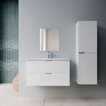 Pack meuble salle de bain 60cm et colonne de rangement - Façades blanches ondulées - MILO Aurlane - PACM920