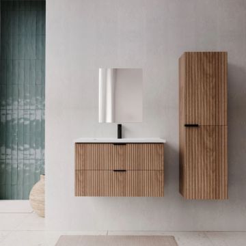 Pack meuble salle de bain 60cm et colonne de rangement - Façades ondulées décor bois - MILO Aurlane - PACM918