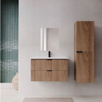 Pack meuble salle de bain 80cm et colonne de rangement - Façades ondulées décor bois - MILO Aurlane - PACM919