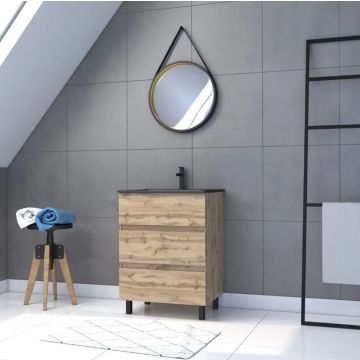 Pack Meuble SDB 60cm sur pieds 3 tiroirs chêne vasque noire + Miroir Barber - TIMBER 60 - Pack40 Aurlane - PACM250