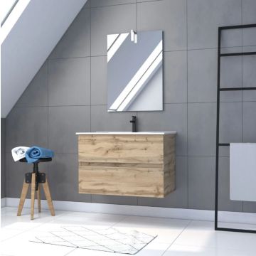 Pack Meuble SDB 80cm suspendu 2 tiroirs chêne - Vasque blanche + Miroir Led - TIMBER 80 - Pack37 Aurlane - PACM247