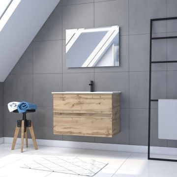 Pack Meuble SDB 80cm suspendu 2 tiroirs chêne - Vasque blanche + Miroir Led - TIMBER 80_Pack36 Aurlane - PACM246