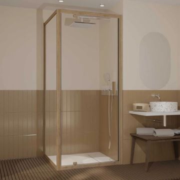 Porte de douche pivotante et retour 90x90x200cm - Profilés alu effet bois - Verre trempé 6mm - WOOD CRUSH Aurlane - PACF502